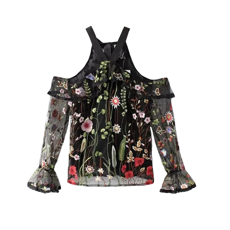 2019 Sexy Mujer Top bordado Floral hombro Tie Halter manga camisa transparente negro Ropa de Mujer 2019 Sexy Mujer Top bordado Floral hombro Tie Halter manga camisa transparente negro Ropa de Mujer