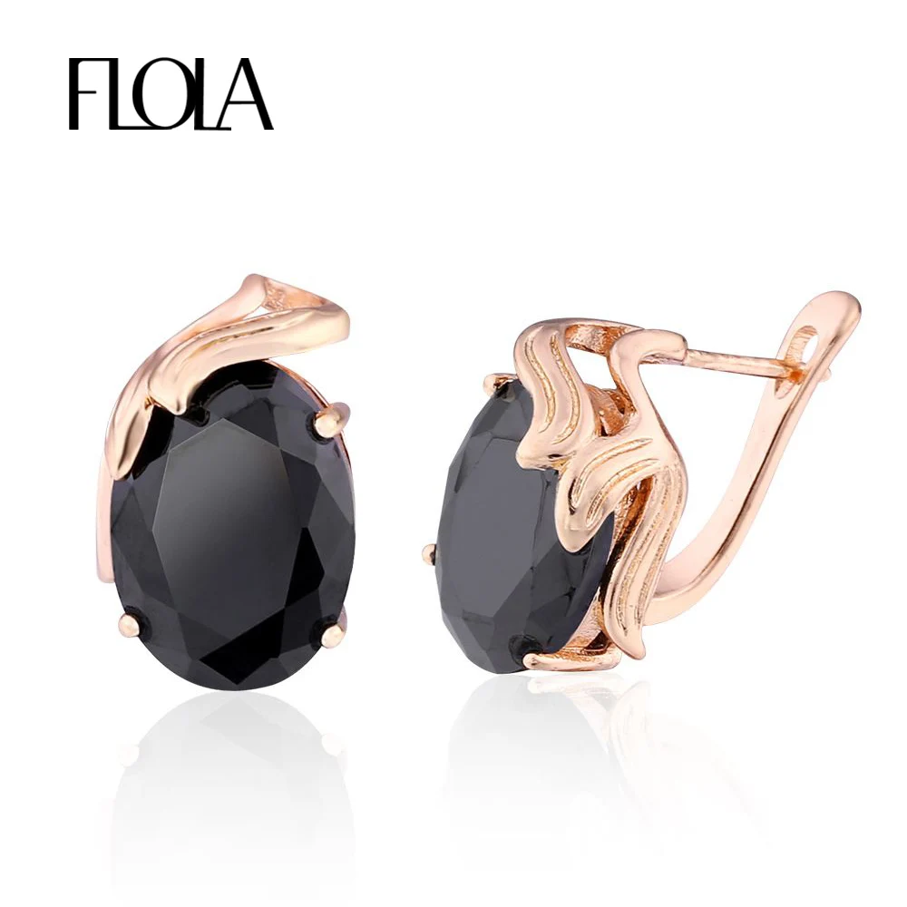 

FLOLA Black Stone Zircon Gold 585 Earrings CZ Rose Gold Stud Earrings for Women Fashion Wedding Jewelry Accessories ersj67