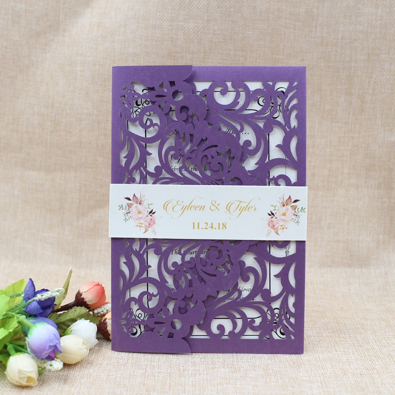 

2019 European Romantic Purple Laser Cut Wedding Invitations with Ivory Belly Band Free Shipping
