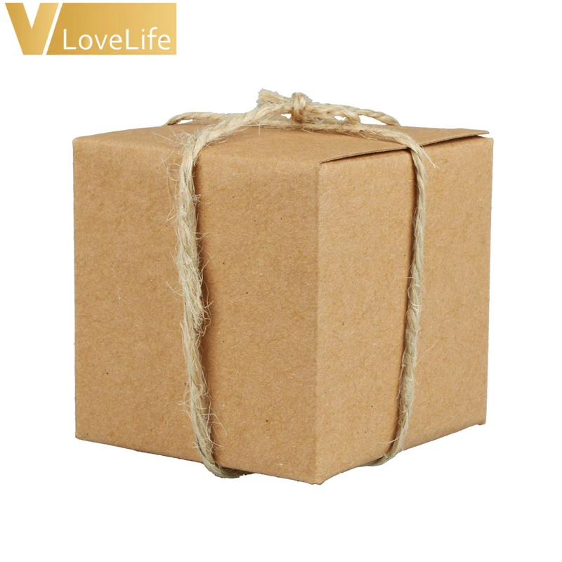 50 шт./партия, 5x5x5 см, натуральная крафт-бумага, Свадебная коробка для конфет с пеньковой веревкой, коричневая бумага, квадратные коробки для конфет, товары для дома