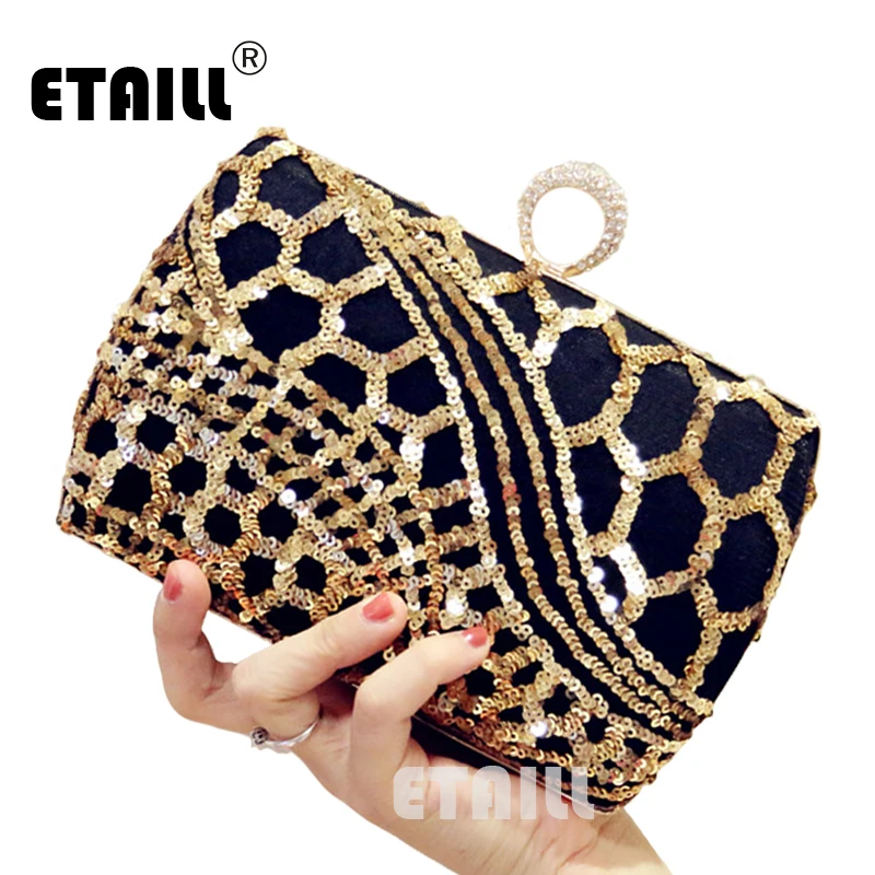 

ETAILL Golden Sequin Beaded Chain Mini Handbag Bridal Purse luxury Evening Party Wedding Gifts Black Pochette Soiree Glitter Bag