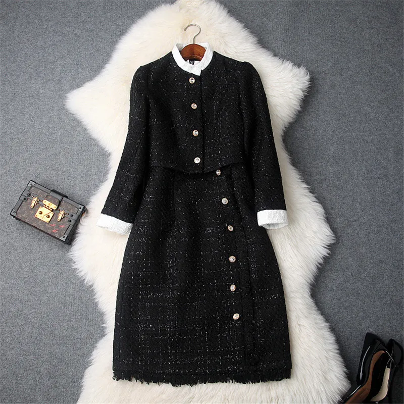 

Fashion Designers Runway Dress 2018 Women Winter Long Sleeve Tweed Woolen Jacket+Tank Dress Vintage Autumn Dress Vestidos