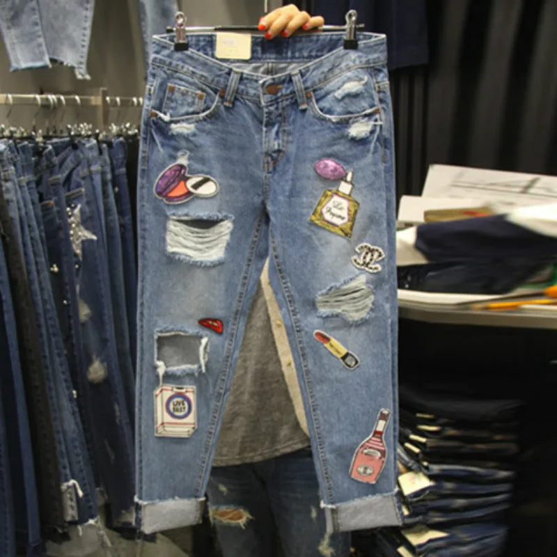 S-3XL Для женщин брюки персонализированные отверстие Харлан джинсы Для женщин патч модные тонкие Мода Хлопковые джинсы