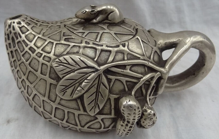 

dr114 Chinese Silver Wealth Animals Mouse Statue Brass Groundnut Wine Pot Teapot Set