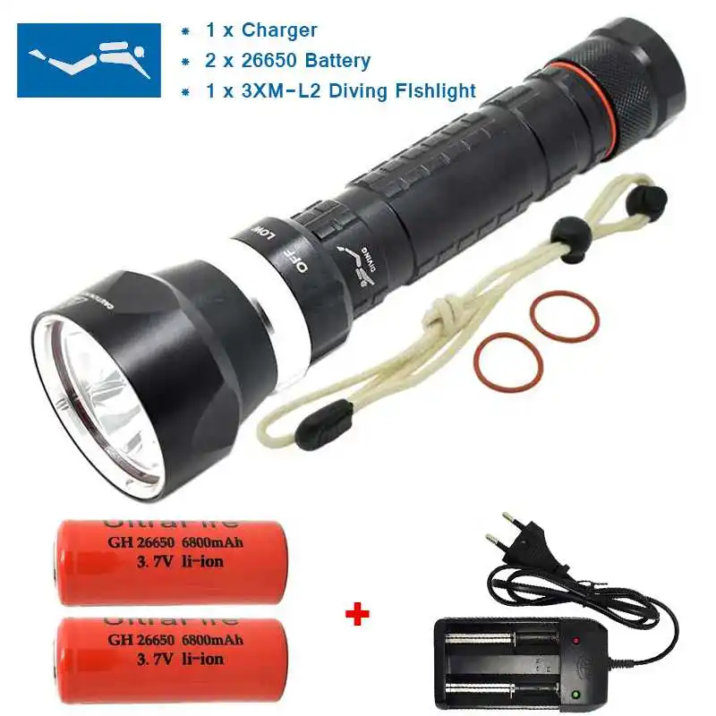 

5000 Lumens 3 x XM-L2 LED Dive Flashlight Underwater Torch Lamp For Diving Hunting With 2 x 7200mAh 26650 Battery + Charger