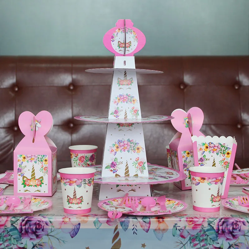 Вечерние столовые приборы розового цвета с единорогом для маленьких детей, декор для вечеринки в честь Дня Рождения, чашка для салфеток, скатерть, коробка для конфет, декор для детского душа, 1st 2st