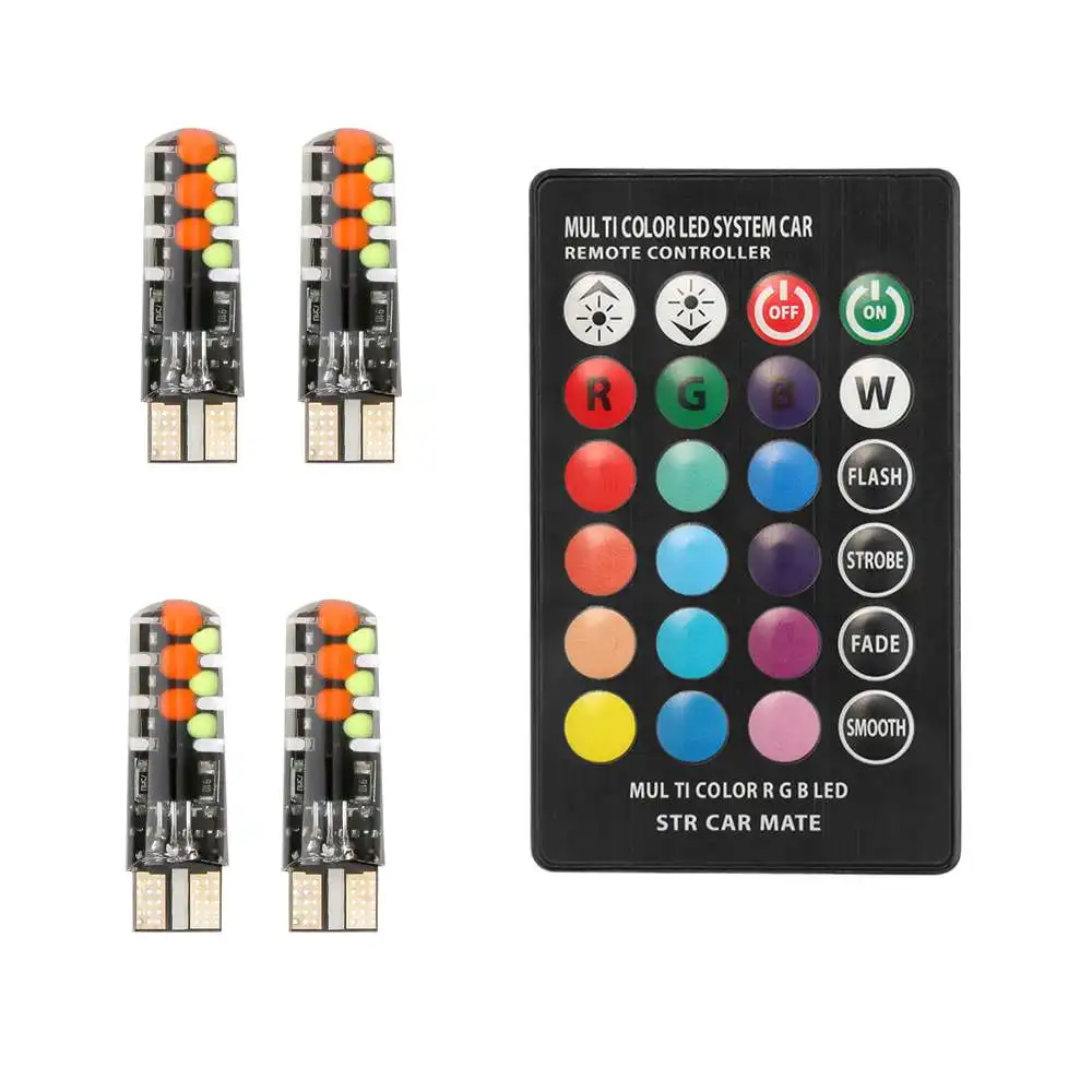 12V автомобиль RGB светодиодный T10 W5W светодиодный RGB 5050 SMD сигнальная лампа для чтения клина светильник автомобиля декоративная интерьерная стенная панель с светильник с дистанционным автомобилем - Испускаемый цвет: 1 remote 4 bulbs