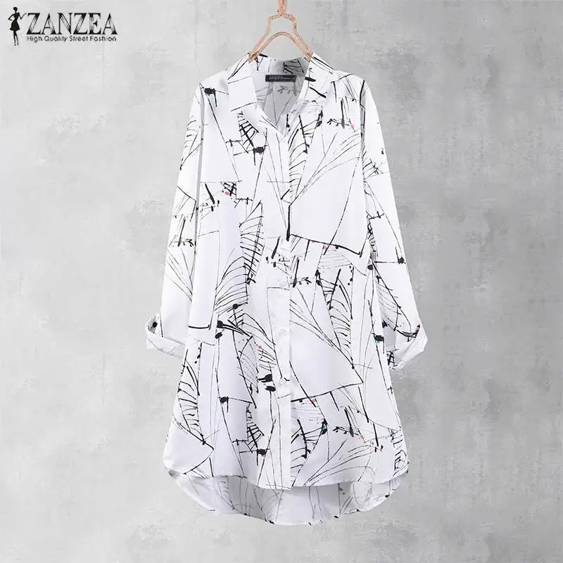 

2019 Plus Size ZANZEA Autumn Shirt Women Casual Long Sleeve Button Printed Long Blouse Tunic Tops Shirt Chemise Female Blusas