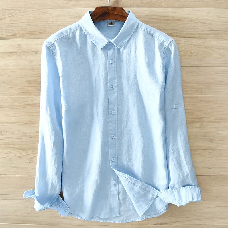 Aolamegs мужские рубашки сплошной цветной лацкан рубашки простой стиль длинный рукав рубашки модные повседневные Большие размеры весенне-летняя одежда - Color: blue