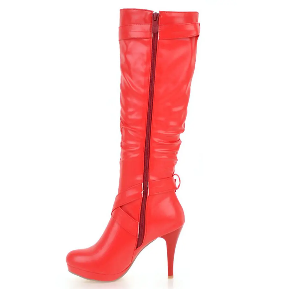 Lasyarrow мотоботы обувь с круглым носком на высоком каблуке и Платформе женщина пряжки на молнии botas femininas Черные, белые, красные ботинки для танцев