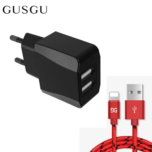 GUSGU Dual USB зарядное устройство для iPhone 7 8 6 X S Max iPad EU вилка адаптер для путешествий настенное зарядное устройство 2A зарядный кабель для Lightning 1,5 м - Тип штекера: Black-Red