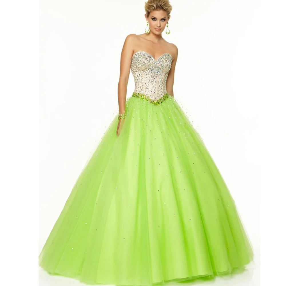 2016 New Fashion lime green Quinceanera Dresses Crystals Sequins Tulle