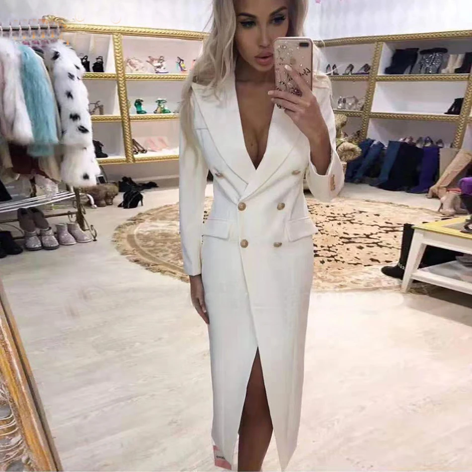 Goede 2019 Lente Nieuwe Vrouwen Slim Jas Windjack Sexy Black V hals Double Breasted Panty Lange Mouwen Jas