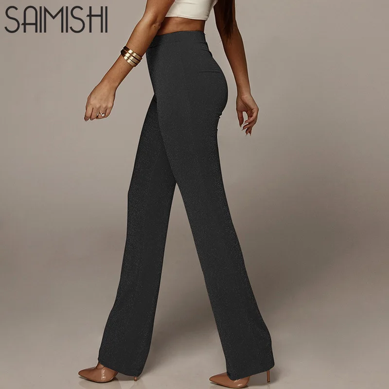 

Saimishi Spring Autumn Fashion Elastic High Waist Glitter Knit Women Pants Casual Straight Long Pants Female Black Trousers