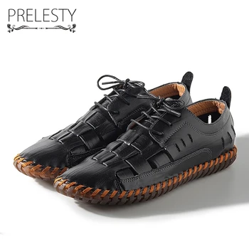 

Prelesty Summer Men Casual Shoes Hollow Out Lace up Breathable Comfortable Split Cow Leather Outdoor Holiday Climb Retro Shoes