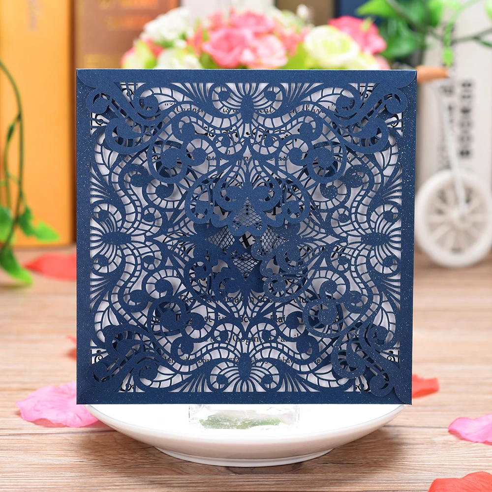 

1 Piece Laser Cut Wedding Invitations Square Cards with Bow Lace Sleeve for Baby Bridal Shower Birthday Engagement Quinceanera