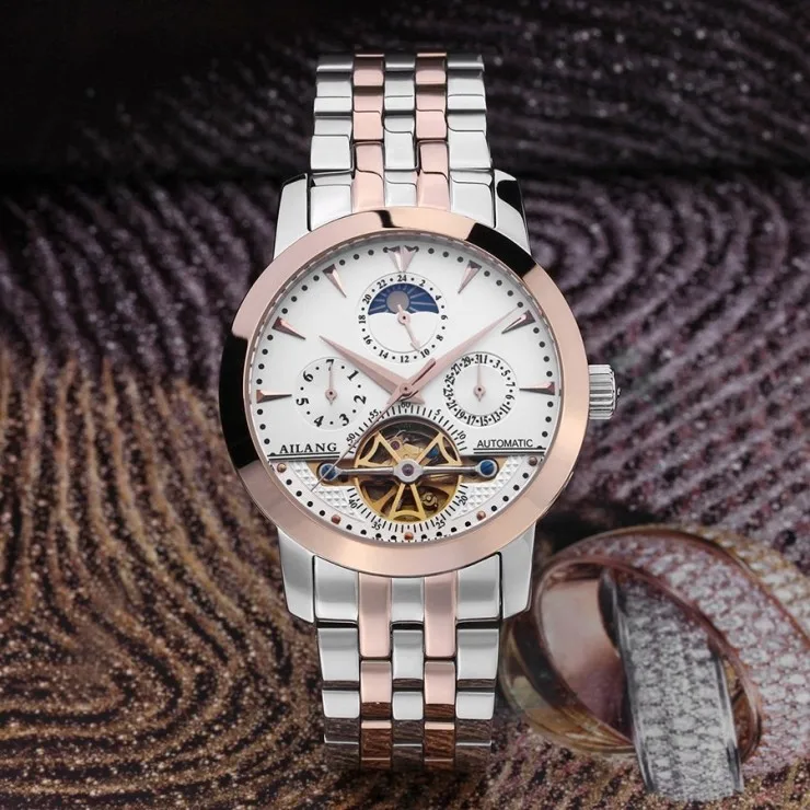 عالية الجودة AILANG توربيون الرجال ساعات آلية الذاتي الرياح الصلب الكامل الأعمال اللباس ساعة معصم المرحلة القمر Relojes NW3288
