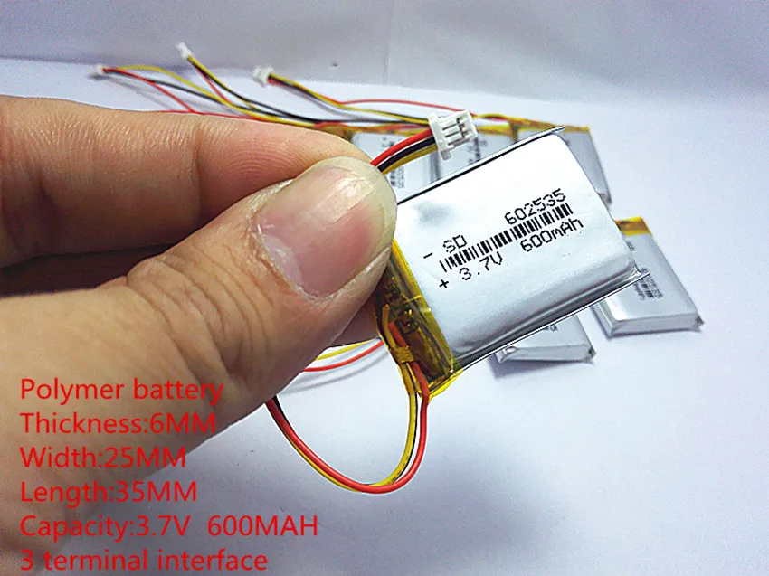 Li-po 3 линии 3pin разъем 3,7 V thium полимерный аккумулятор 602535 600MAH видеорегистратор 388