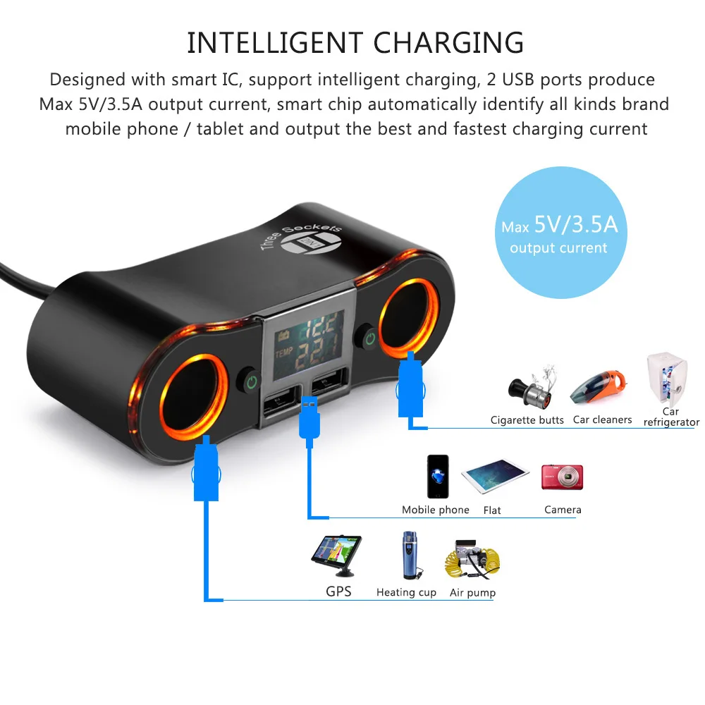 3.5A двойной usb порты Автомобильное зарядное устройство адаптеры питания с 2 прикуриватели розетки 80 Вт мощность напряжение дисплей для iPhone iPad samsung