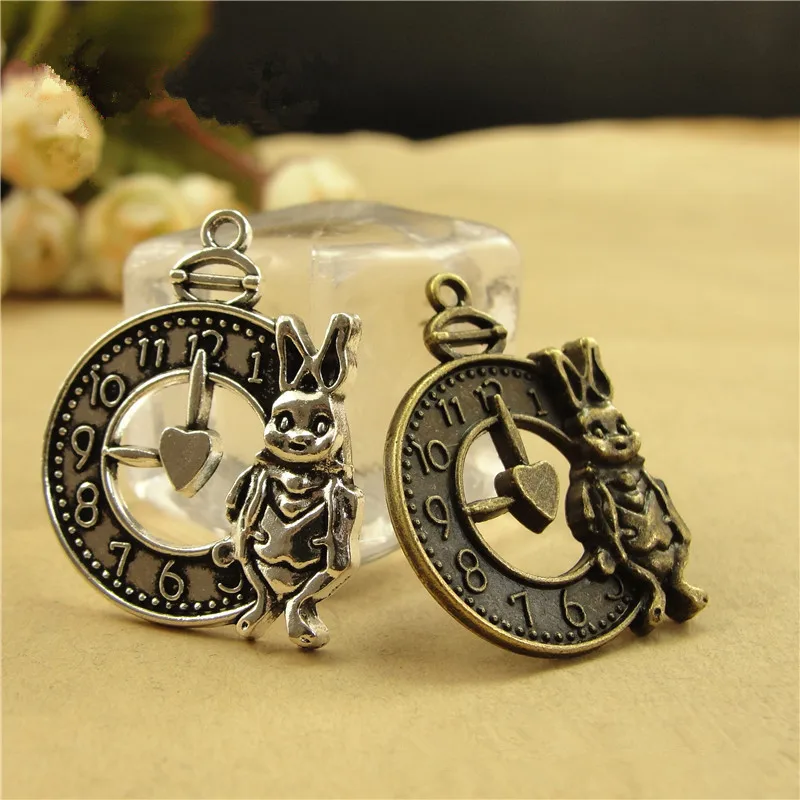

RONGQING 30Pcs/lot Rabbit and Clock Charms 26*32MM Cartoon Animal Clock Pendant Charms for Handmade Jewelry Supplier
