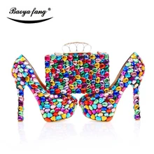 New Multicolored big crystal Women Wedding shoes high heels shoes Bride party dress shoes leather insole Woman Pumps
