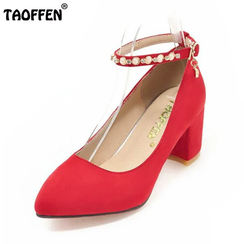 

TAOFFEN Size 32-43 Women Buckle Pointed Toe High Heels Shoes Beading Crystal Thick Heel Pumps Ankle Strap Party Wedding Footwear