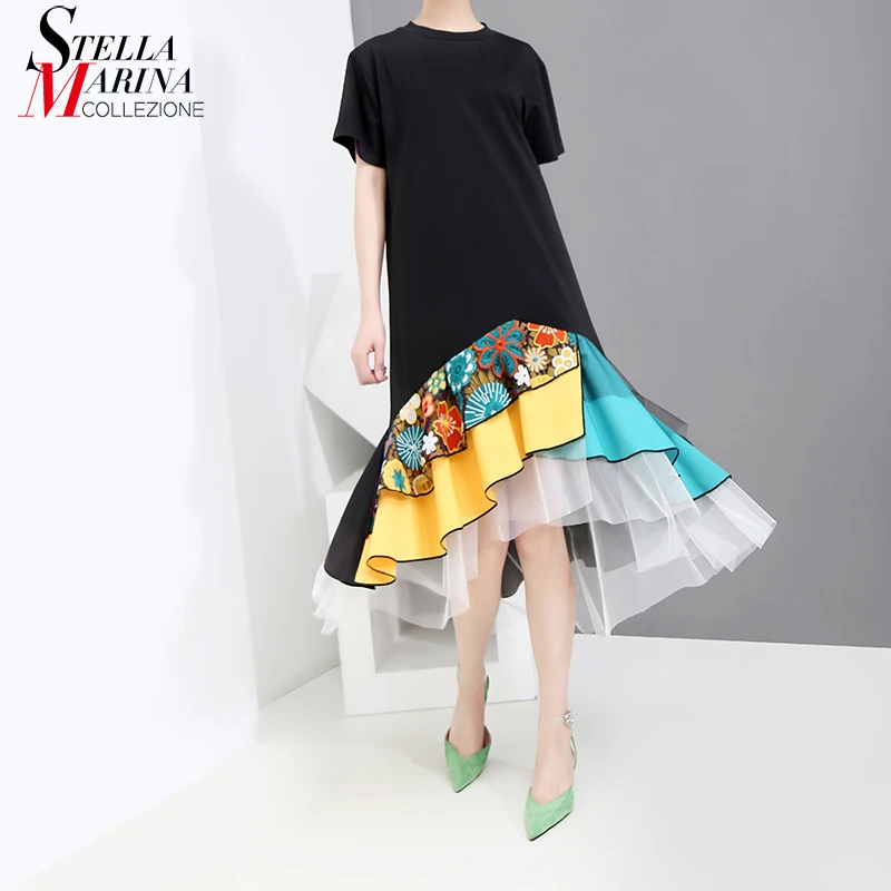 Новинка, корейский стиль, женское летнее черное платье трапециевидной формы, цветной подол, длина до колена, милое женское платье миди, стильное платье для женщин 5198