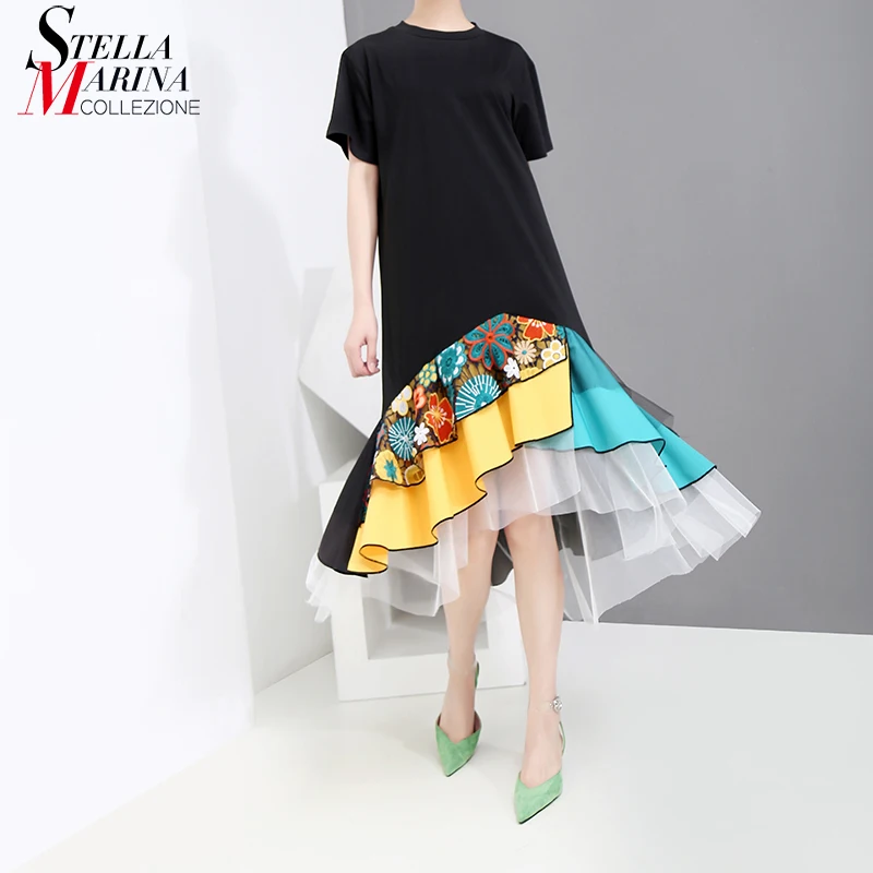 

New 2019 Korean Style Women Summer Black A-Line Dress Colorful Hem Knee Length Lady Cute Wear Midi Dress Style Robe Femme 5198