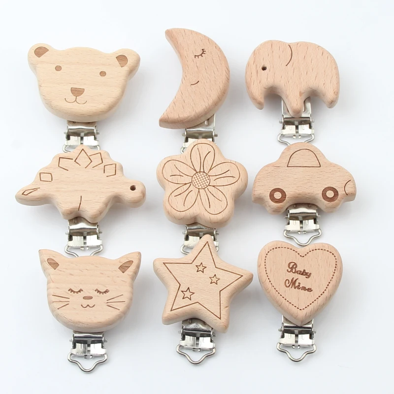 

Beech Wooden Baby Pacifier Clips Wood Metal Holders Cute Infant Soother Clasps Accessories for Baby Chewing Teethers