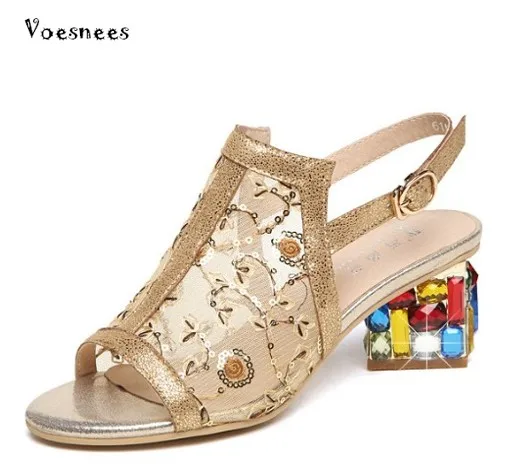 

Summer Women Sandals Fashion Korean Version Lace Crystal Plus Size 34 - 40 Heel Height 4CM Buckle Strap Sexy Sandals Women Shoes