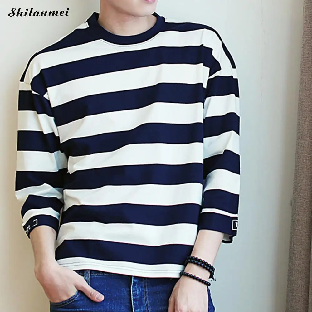 blue and white striped long sleeve t shirt