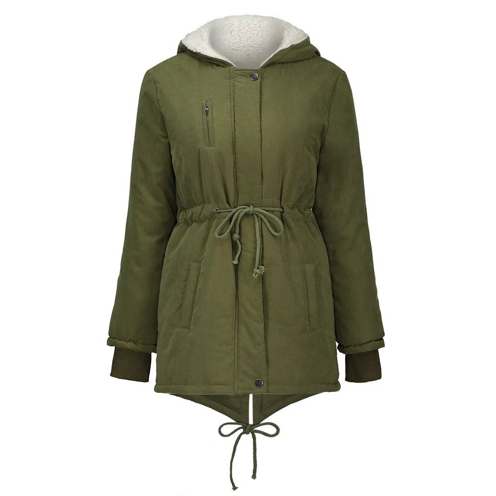 

Causal Cotton Coat Winter Women Elastic Waist Button Slim Zipper Outerwear Female Fashion Army Green Autumn Drawstring Trench