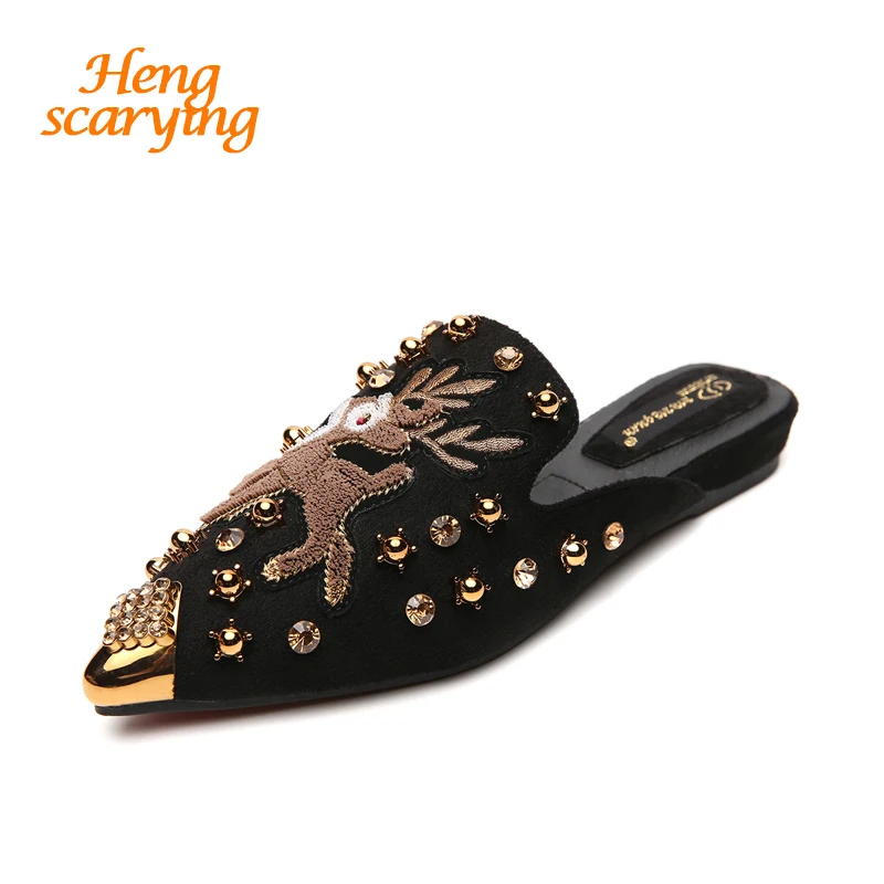

Luxury Women Low Heels Designer Black Slides Mules Crystal Suede Flat Slippers Cap Pointed Toe Studded Slides Wholesale Shoes