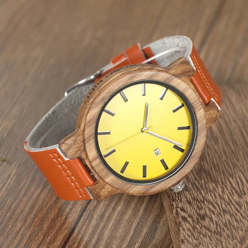 BOBO BIRD WO09 Newest Zebra Wood Watches Yellow Orange Leather Band Calendar Quartz Watch for Men Women With Wooden Box OEM