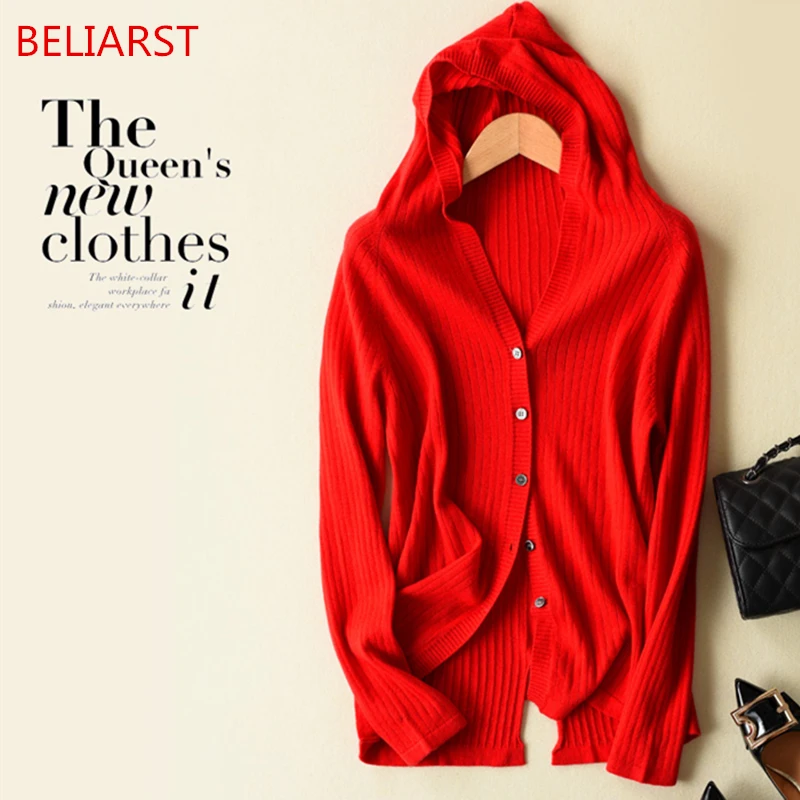 

18 Spring New Pure Cashmere Sweater Women V-Neck Long-Sleeved Short Hooded Sweater Sweater Coat Female Cardigan Free Shipping