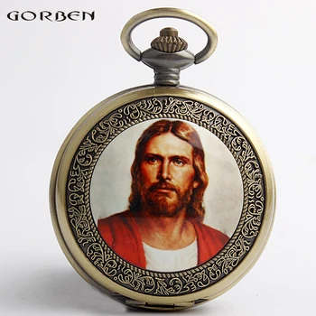 

Bronze Jesus Quartz Pocket Watch Roman Number Dial Catholicism Religious Faith God's Son Pocket Watches Fob Chain Necklace
