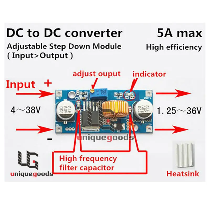 

Free Shipping DC Step Down Adjustable Power Supply Module Lithium Charger 5A Max DIY Adjustable Power Supply