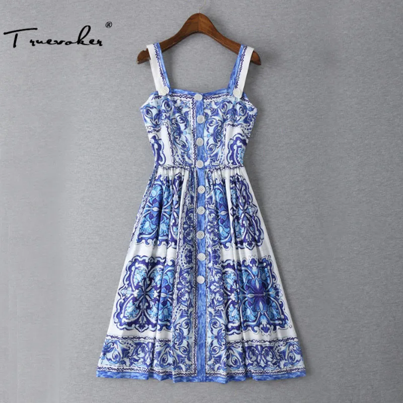 

Truevoker Designer Dress Women's High Quality Retro Blue White Porcelain Printed Button Spaghetti Strap Knee Length Dress