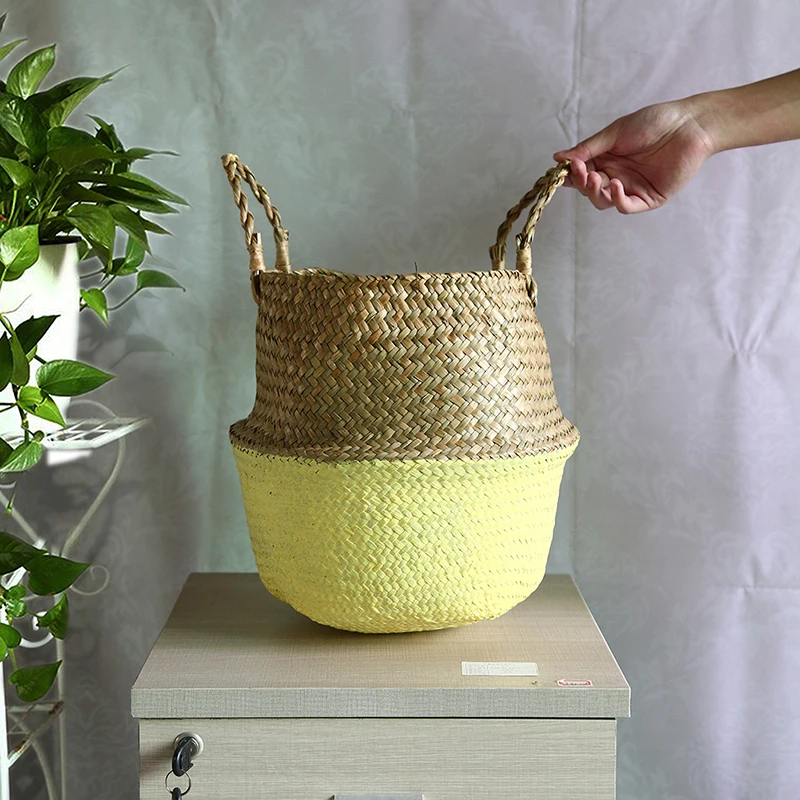 Hamdmake Flower Storage Basket pot Seagrass Rattan Laundry Basket Folding Woven Clothes Toy Sundries Home Storage Baskets