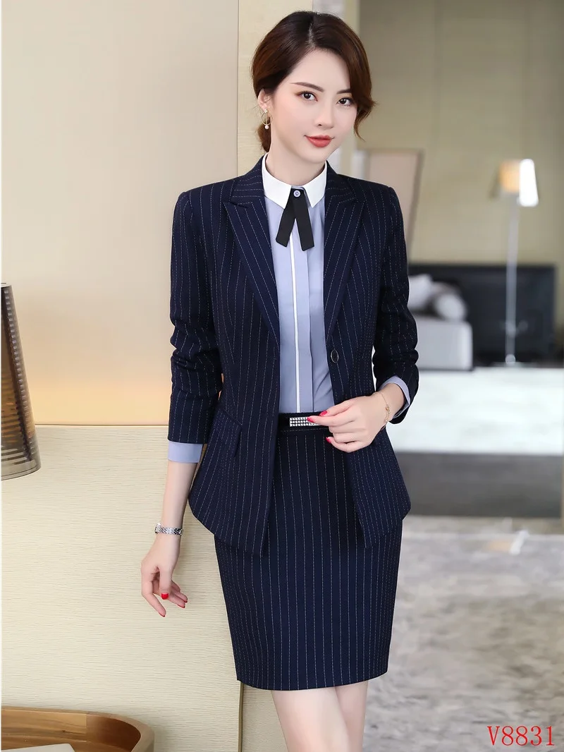 Blazer Formal azul marino para mujer, trajes con falda y chaqueta, Conjunto de uniforme de oficina, estilo diseño - AliExpress