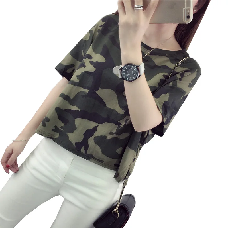 Новая летняя стильная женская футболка, футболки с коротким рукавом, камуфляжная футболка s, женские повседневные армейские Топы в стиле милитари, одежда AB111