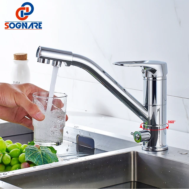 Best Offers SOGNARE 100% Brass Kitchen Faucet Swivel Drinking Water Faucet 3 Way Water Filter Tap Hot Cold Swivel Style Sink Mixer Tap D2102