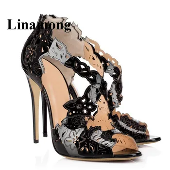 

Black Patent Leather Fretwork Fashion Flower Sexy Thin High Heel Peep Toe Party Lady Shoes Summer Women Pumps Normal Size