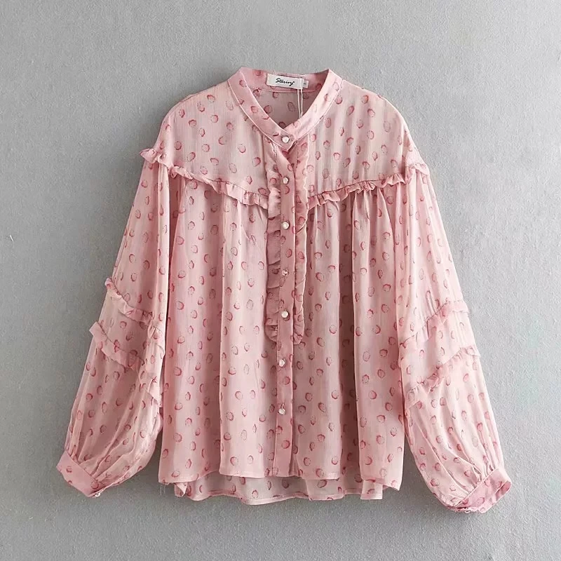 

Women Ruched Decoration Loose Printed Cotton Blouses Female Lantern Sleeve Shirts Pink Tops 2019 Summer Blusas Mujer S5637