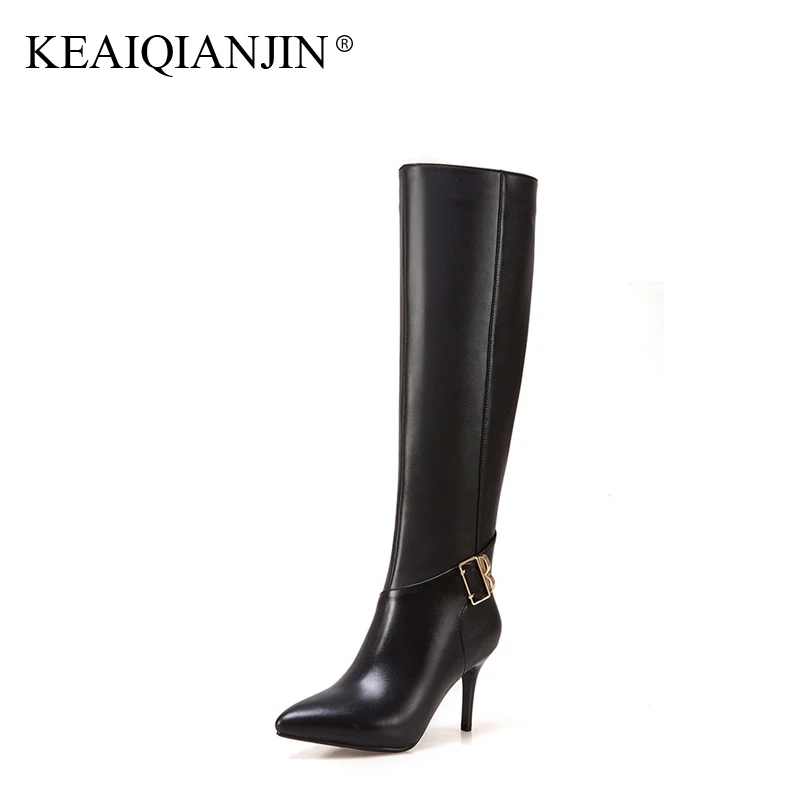

KEAIQIANJIN Woman Knee High Botas Winter Metal Decoration Genuine Leather Pointed Toe Shoes Plus Size 33 - 43 High Heel Boots
