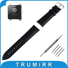 24mm correa de piel genuina para el sony smartwatch 2 sw2 inteligente Venda de reloj de Pulsera Correa de Grano Pulsera de La Correa + Herramienta negro