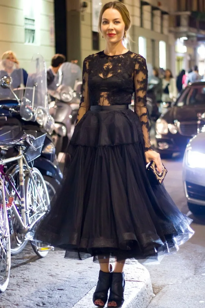 2015 Ulyana Vintage Sheer Long Sleeves Tea Length Formal Evening Prom Dresses (1)