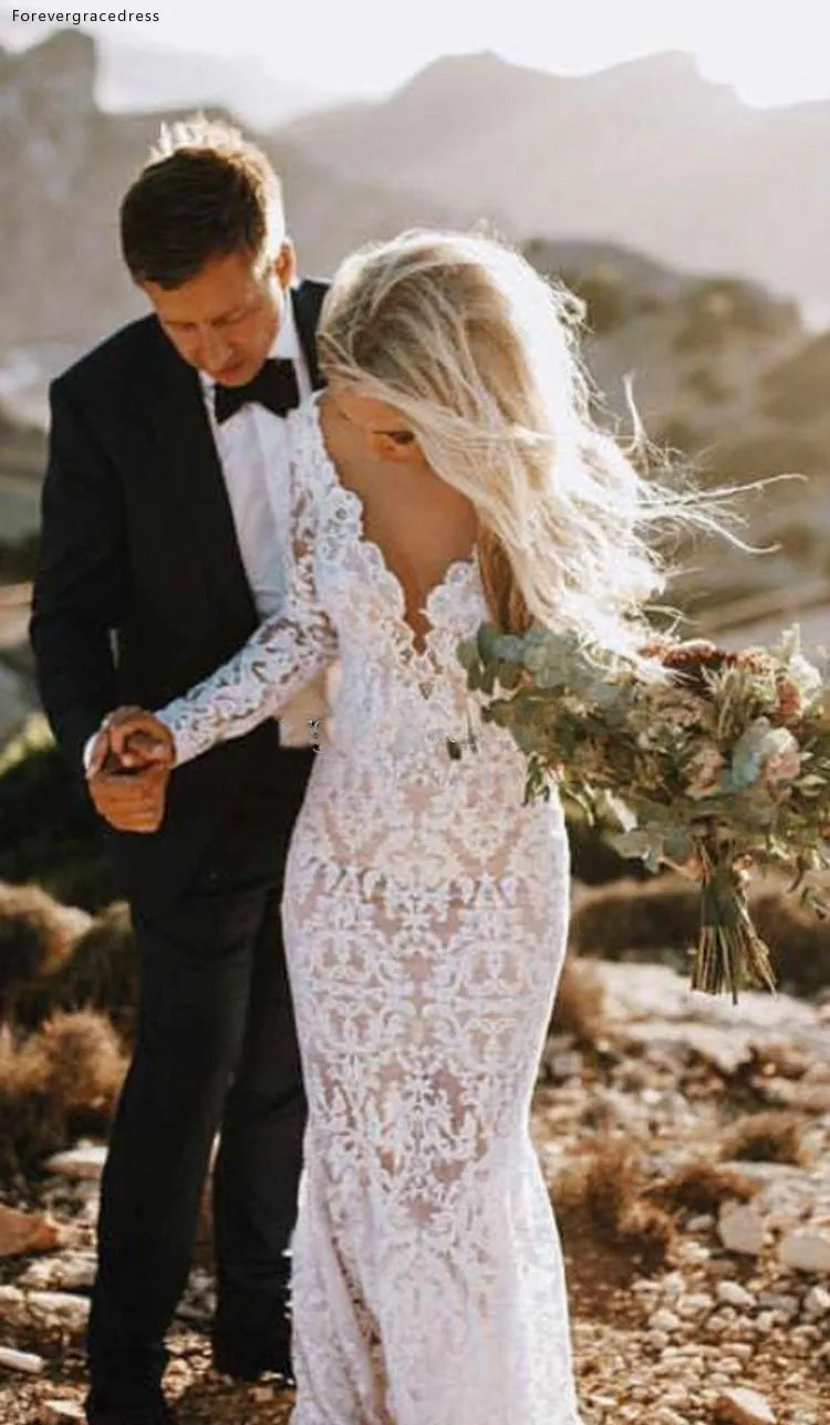 Lace Wedding Dresses Sexy Mermaid Long Sleeves Floor Length Backless Beach Boho Garden Bridal Gowns See Through  145 (3)