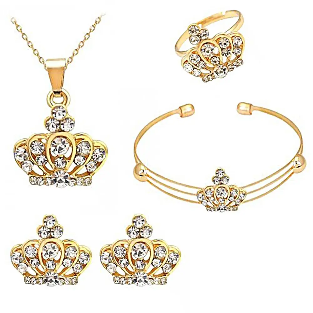

2019 Necklace Ear charm Princess Rhinestone Crown Charm Necklace Ear Studs Open Bangle Ring Jewelry Set Rhinestone Crown