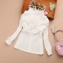 Весенне-осенняя белая блузка для девочек-подростков Топы с кружевным бантом для девочек, детская рубашка в клетку рубашки с длинными рукавами детская одежда